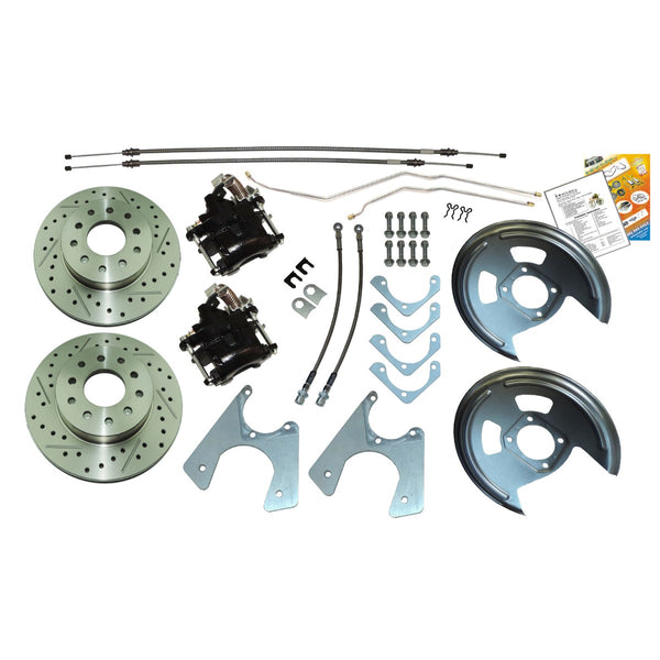 1968-69 GM F-Body, 1968-74 X-Body Rear Disc Kit with Cross Drilled and Slotted Rotors (Staggered Rear Shocks) Stainless Braided Hoses