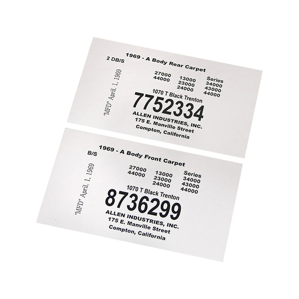 1969 GM A-body Carpet Tag Front & Rear