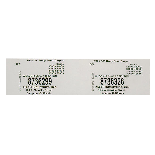 1970 GM A-body Carpet Tag Front & Rear