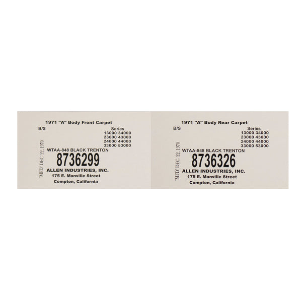 1971 GM A-body Carpet Tag Front & Rear