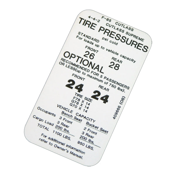1971-72 Oldsmobile Cutlass Tire Pressure Decal All Models 1pc
