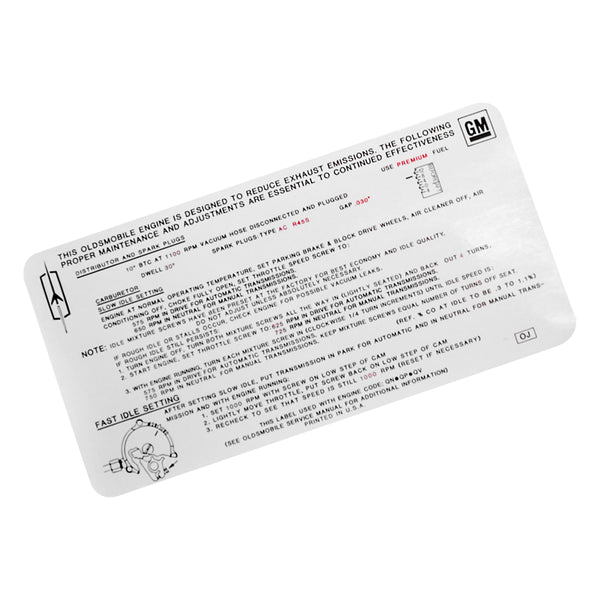 1970 Oldsmobile Cutlass Tune Up Decal Rallye 350 OJ 350CID Manual & Auto Trans 1pc