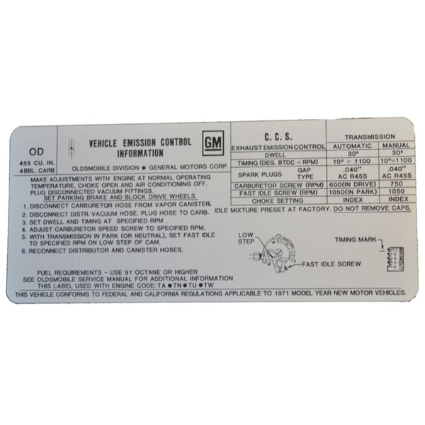 1971 Oldsmobile Cutlass Tune Up Decal 442 OD 455CID Manual & Auto Trans 1pc