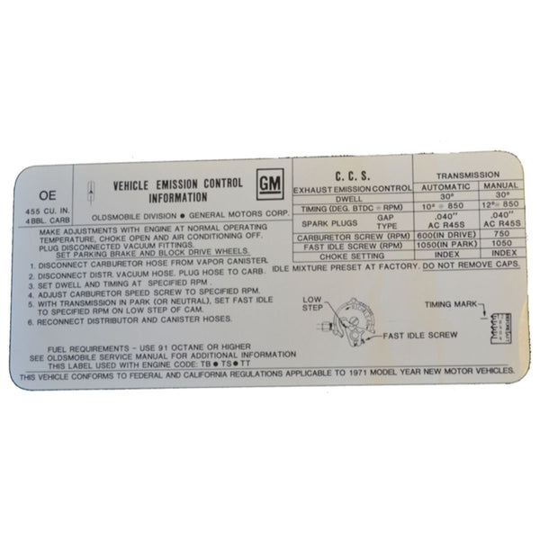 1971 Oldsmobile Cutlass Tune Up Decal 442 W-30 OE 455CID Manual & Auto Trans 1pc
