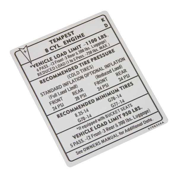 1969 Pontiac GTO, Lemans Tempest Door Jams Tire Pressure Decal