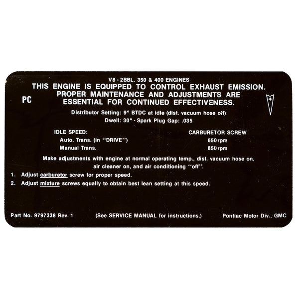 1969 Pontiac 350/400-2bbl Emissions Decal, Ea