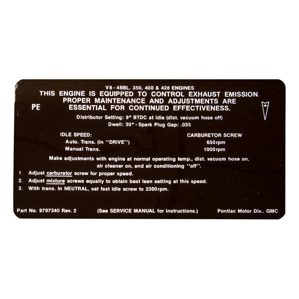 1969 Pontiac All V8 4bbl & Ram Air III Emissions Decal, Ea