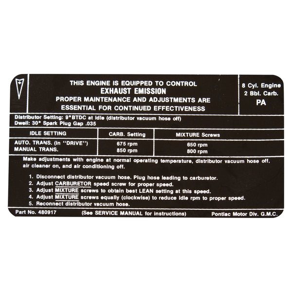 1970 Pontiac All V8-2bbl Emissions Decal, Ea
