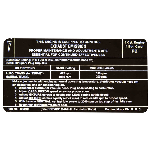 1970 Pontiac All V8-4bbl & Ram Air III Emissions Decal, Ea