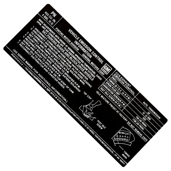1971 Pontiac 455-4bbl, HO, AT Emissions Decal, Ea