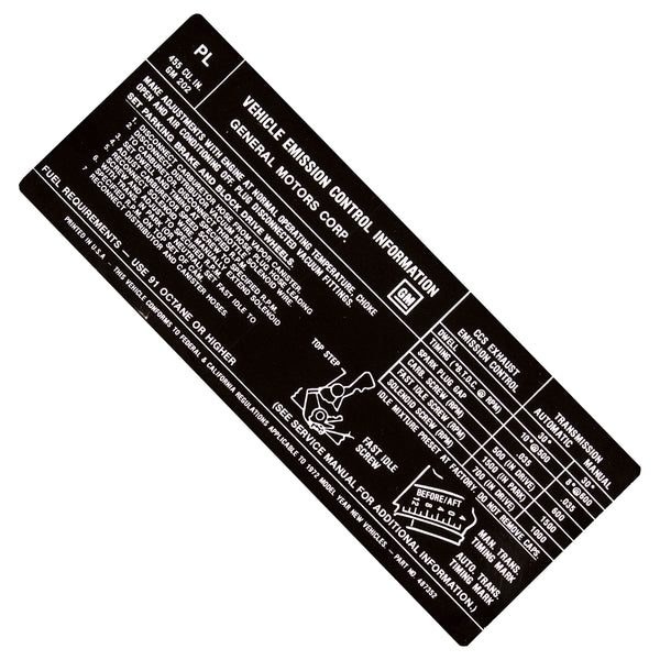 1972 Pontiac 455-4bbl Emissions Decal, Ea