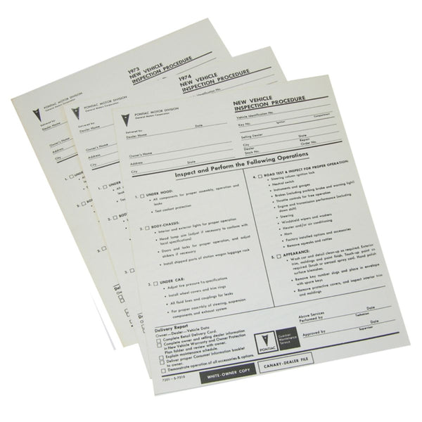 1974 Pontiac Pre-Delivery Sheet 1pc
