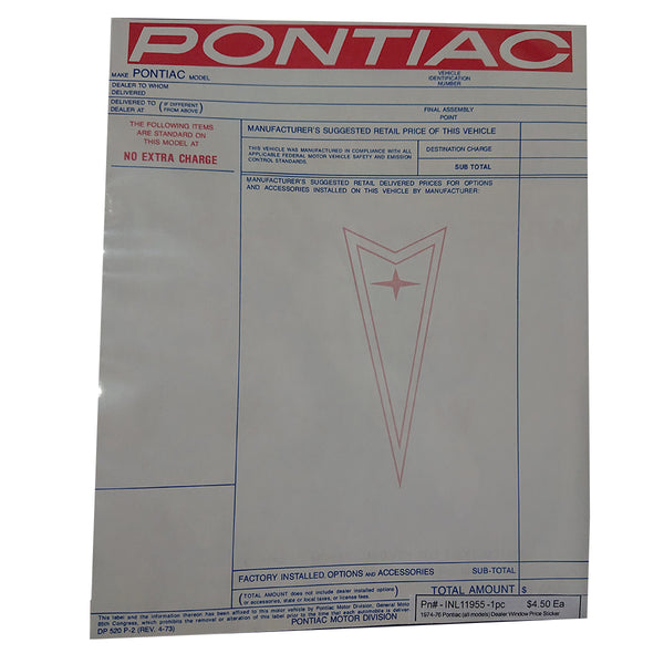 1974-76 Pontiac New Vehicle Window Price Sticker