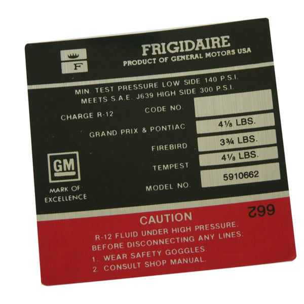 1964-65 Pontiac Only Frigidaire Air Conditioner Compressor Decal