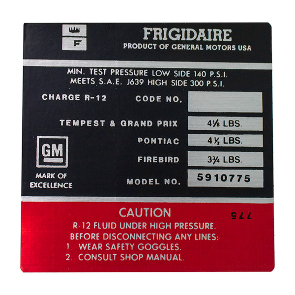 1971 Pontiac Only Frigidaire Air Conditioner Compressor Decal