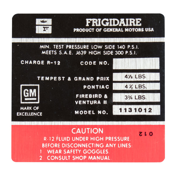 1972 Pontiac Only Frigidaire Air Conditioner Compressor Decal