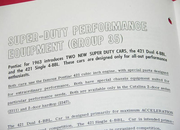 1963 Pontiac Catalina Super Duty Catalog & Reference Guide 1pc