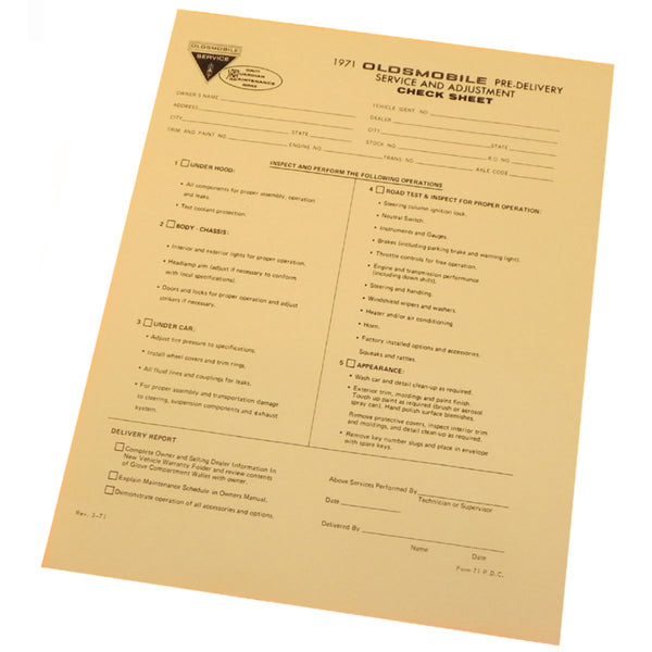 1971 Oldsmobile Pre-Delivery Dealer Check List Sheet 1pc