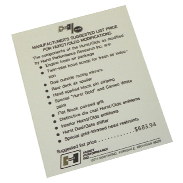 1969 Oldsmobile Hurst Olds Window Sticker Supplement Decal 1pc