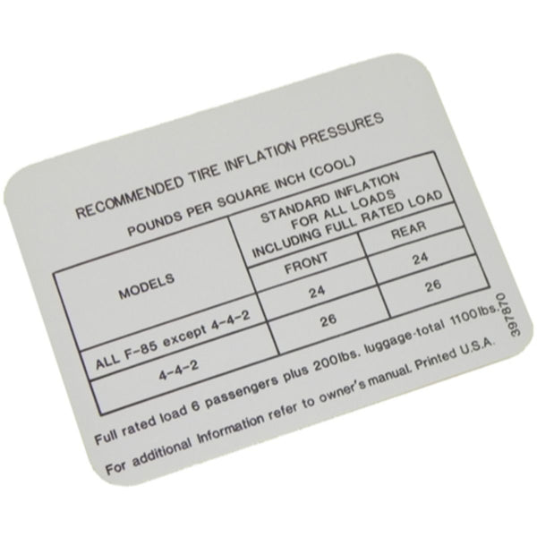 1967 Oldsmobile Cutlass Tire Pressure Decal 1pc