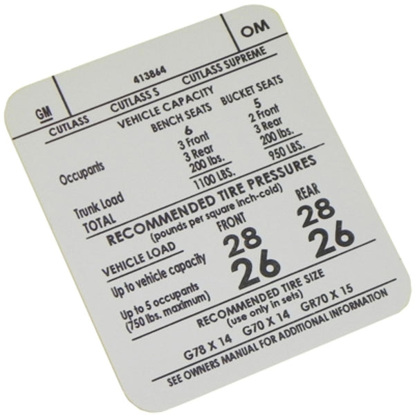 1973 Oldsmobile Cutlass Tire Pressure Decal 1pc