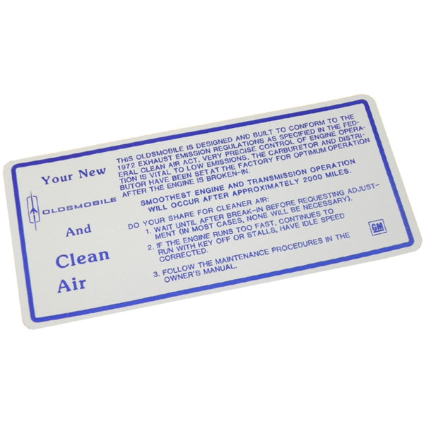 1972 Oldsmobile Sun Visor Clean Air Label 1pc