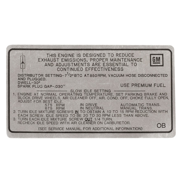 1968 Oldsmobile A & B-Body Tune Up Decal 350 CID 4BBL (OB) AT/MT