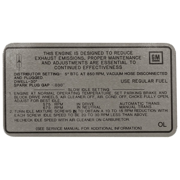 1968 Oldsmobile Cutlass Tune Up Decal 400 CID 2BBL (OL) AT/MT