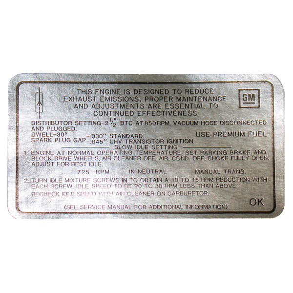1968 Oldsmobile Cutlass Tune Up Decal 442, 400 CID, 4BBL (OK) MT