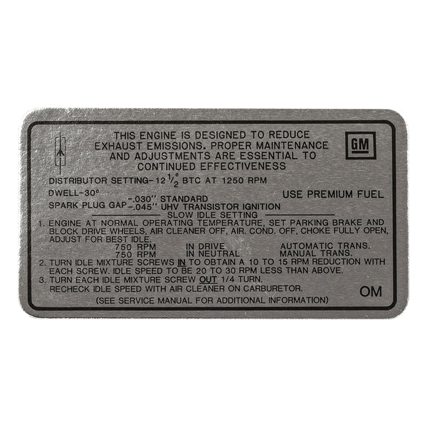 1968 Oldsmobile Cutlass Tune Up Decal 442, W-30, 400 CID, 4BBL (OM) AT