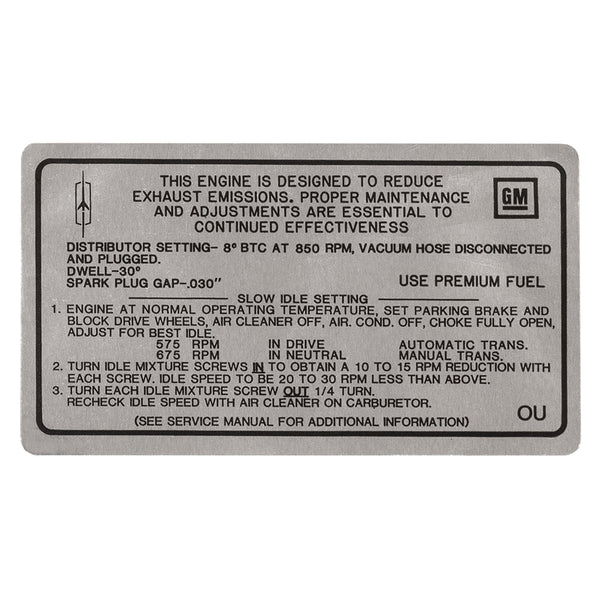1969 Oldsmobile Cutlass Tune Up Decal 350 CID, 4BBL (OU) AT/MT