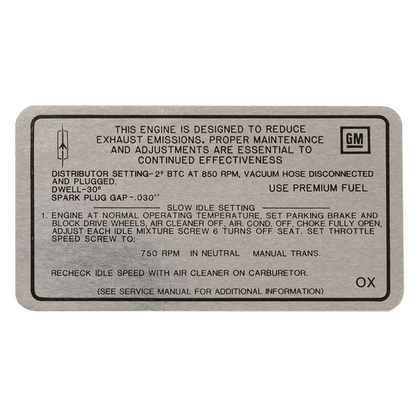 1969 Oldsmobile Cutlass Tune Up Decal 442, 400 CID, 4BBL (OX) MT