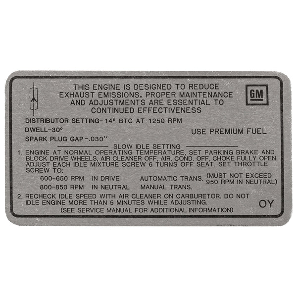 1969 Oldsmobile Cutlass Tune Up Decal 442, W-30, 400 CID, 4BBL (OY) AT/MT