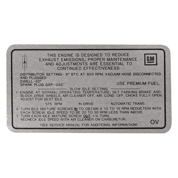 1969 Oldsmobile Cutlass Tune Up Decal 400 CID 4BBL (OV) AT