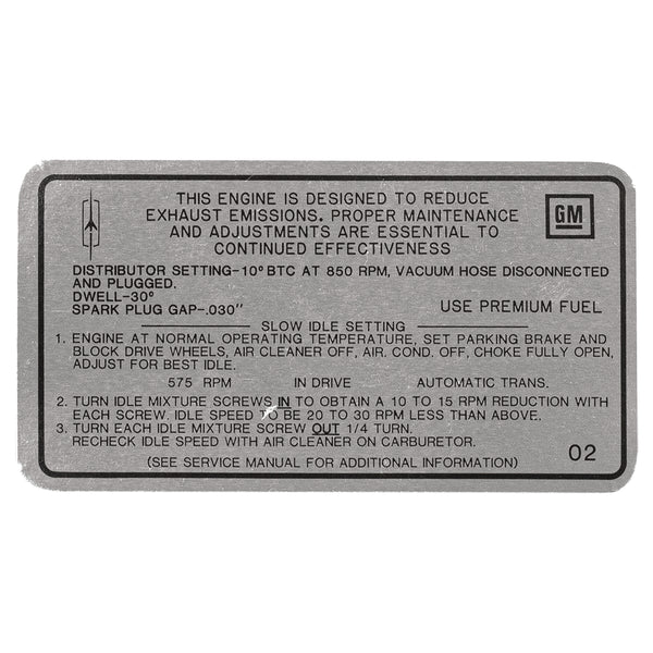 1969 Oldsmobile Cutlass Tune Up Decal W-32 &V/C. 400 CID, 4BBL (OZ) AT