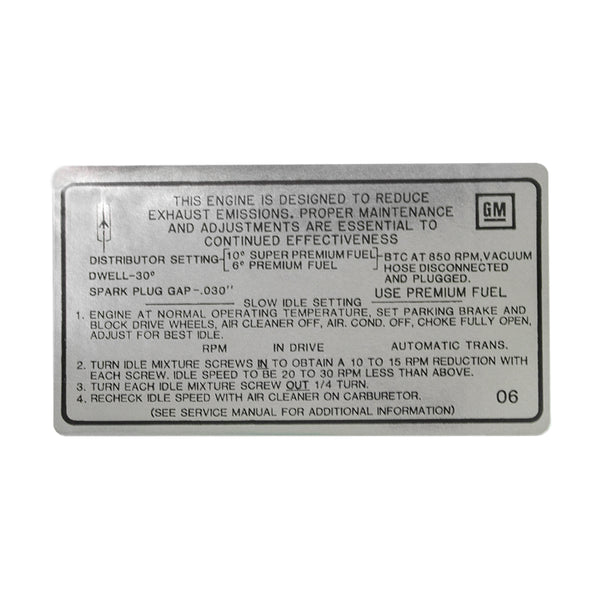 1969 Oldsmobile Cutlass Tune Up Decal Hurst Olds 455 CID, 4BBL (OG) AT