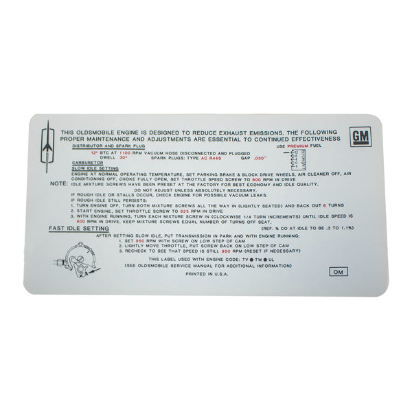 1970 Oldsmobile A & B-Body Tune Up Decal 442, SX, W-33 455-4BBL (OM) AT