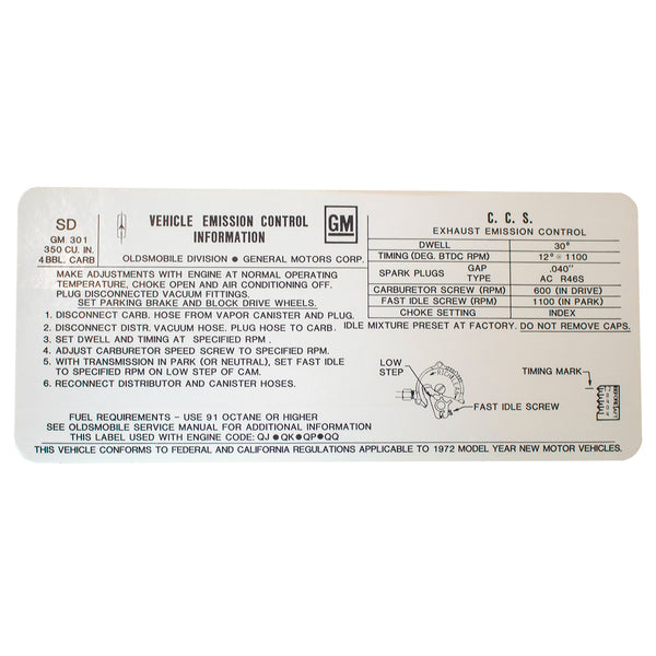 1972 Oldsmobile A & B-Body Tune Up Decal 350 4BBL (SD) AT