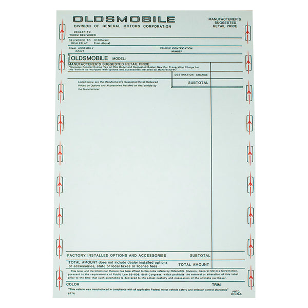 1969-72 Oldsmobile Window Sticker 1pc