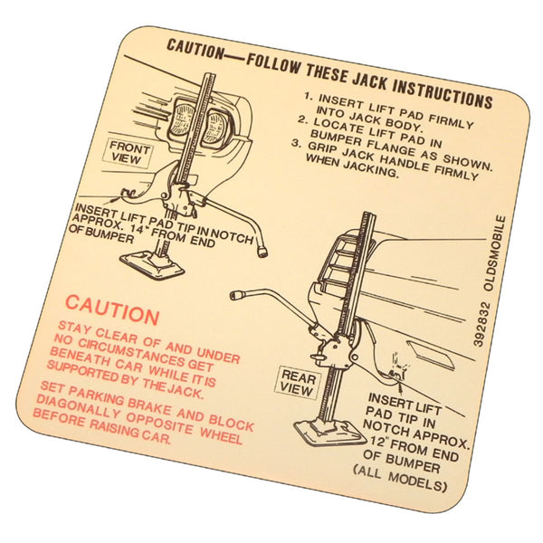 1966 Oldsmobile Cutlass F85 Jack Use Instructions Decal 1pc