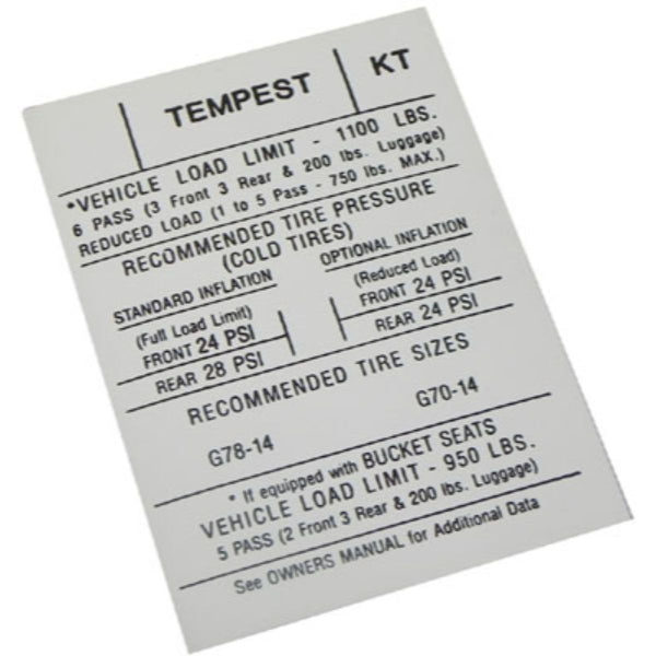 1970 Pontiac GTO/LeMans Door Jamb Tire Pressure Decal 1pc