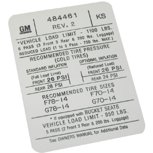 1972 Pontiac GTO/LeMans Door Jamb Tire Pressure Decal 1pc