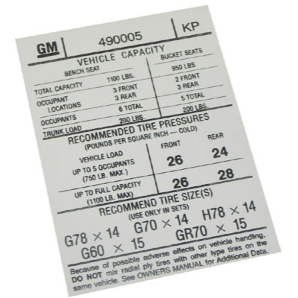 1973 Pontiac GTO/LeMans Door Jamb Tire Pressure Decal 1pc