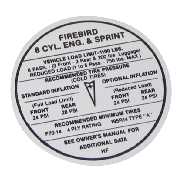 1968 Pontiac Firebird Glove Box Tire Pressure Decal