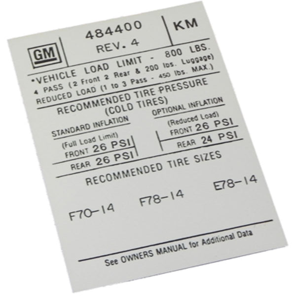 1971-72 Pontiac Firebird Door Jamb Tire Pressure Decal