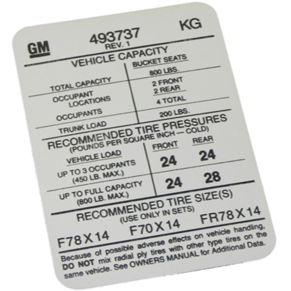 1973-74 Pontiac Firebird Door Jamb Tire Pressure Decal