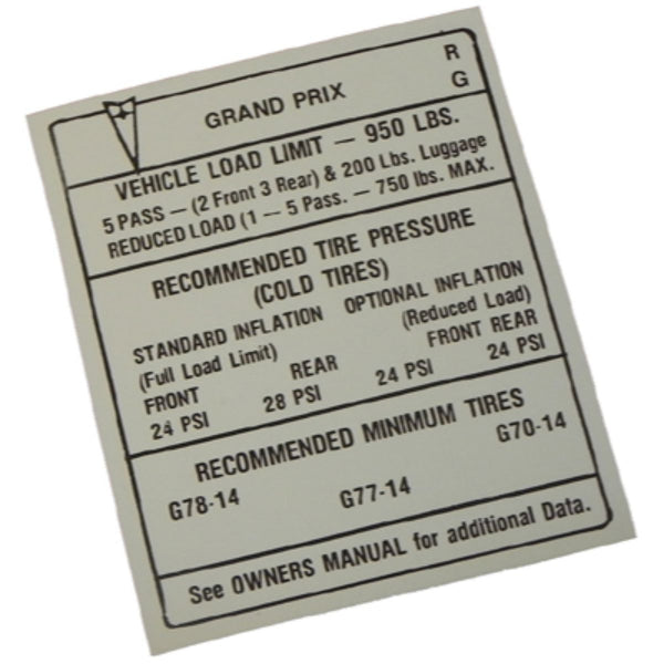 1969 Pontiac Grand Prix Door Jamb Tire Pressure Decal