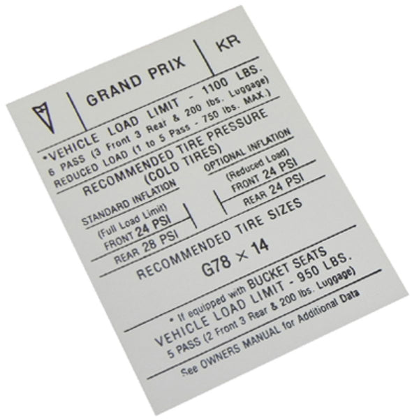 1971-72 Pontiac Grand Prix Door Jamb Tire Pressure Decal