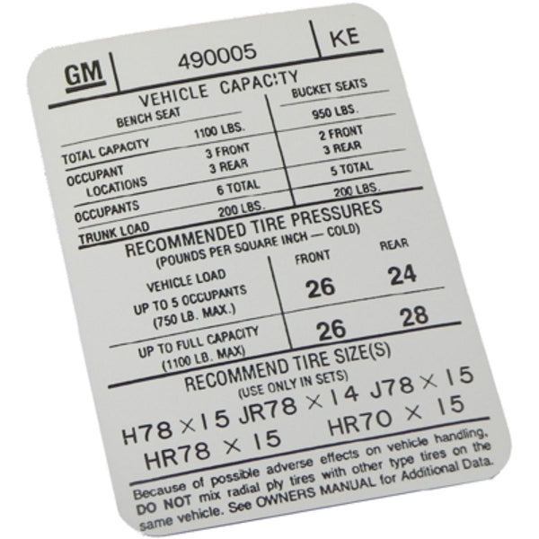 1974 Pontiac Full Size Door Jamb Tire Pressure Decal