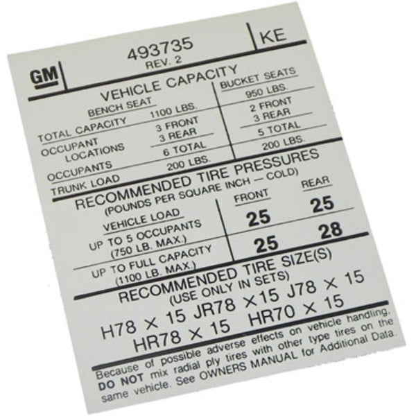 1975 Pontiac Full Size Door Jamb Tire Pressure Decal